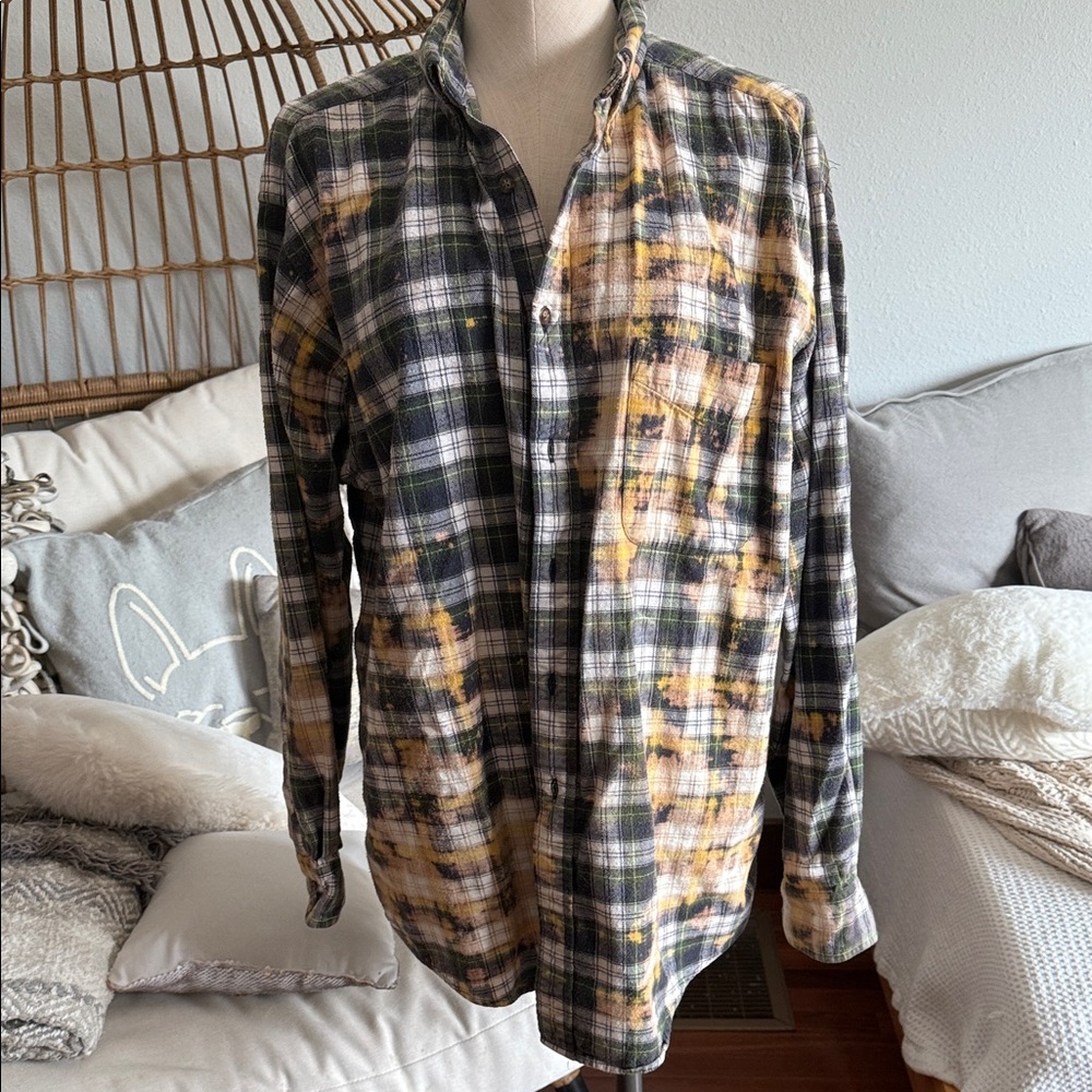 Plaid Flannel Shirt ( Bleach Accents) with Johnny Cash stitched Appliqué